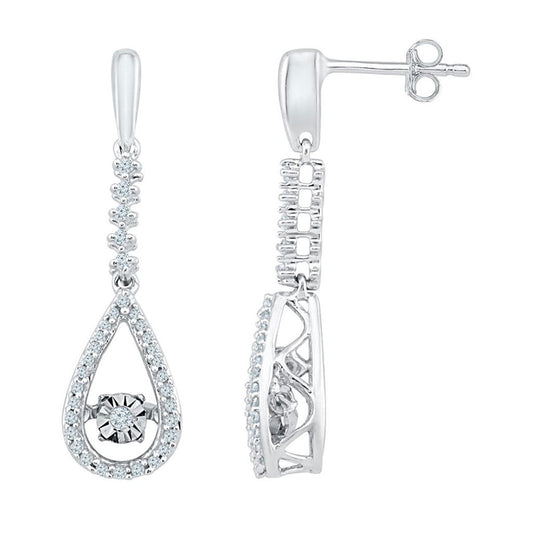 14k White Gold Round Diamond Moving Twinkle Teardrop Dangle Earrings 1/5 Cttw