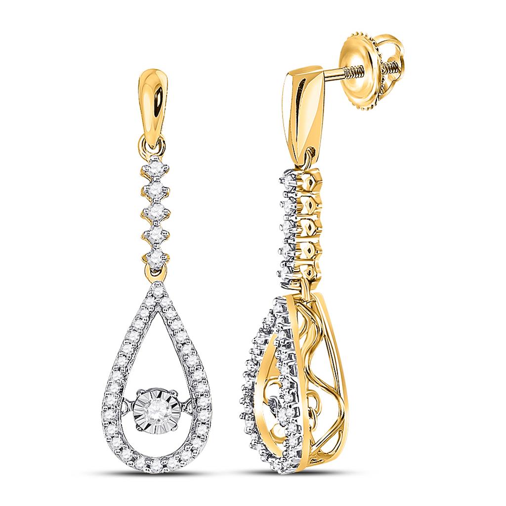 14k White Gold Round Diamond Moving Twinkle Teardrop Dangle Earrings 1/5 Cttw