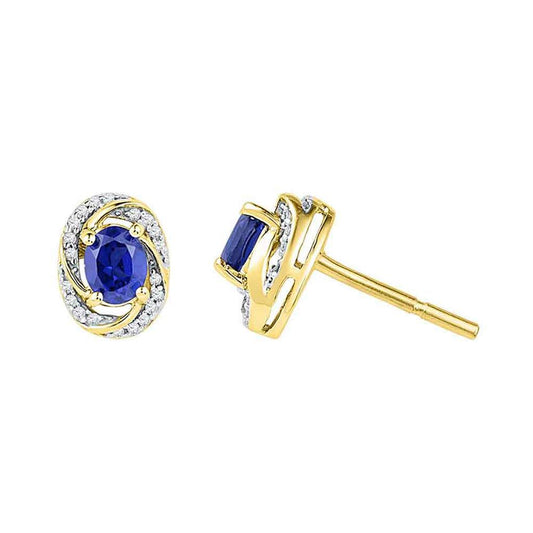 10k Yellow Gold Oval Created Blue Sapphire Diamond Stud Earrings 1/8 Cttw