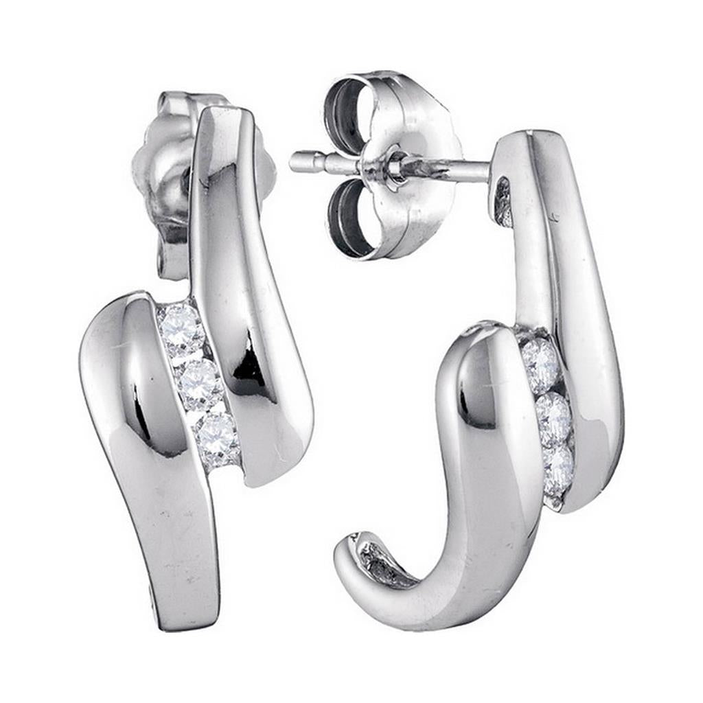 14k White Gold Round Diamond Half J Hoop Fashion Earrings 1/8 Cttw