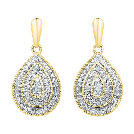 10k Yellow Gold Round Diamond Milgrain Teardrop Dangle Earrings 1/10 Cttw