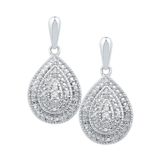 14k White Gold Round Diamond Milgrain Teardrop Dangle Earrings 1/10 Cttw