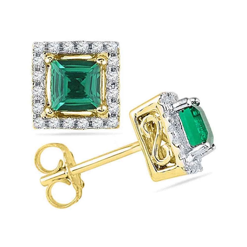 10k Yellow Gold Princess Created Emerald Solitaire Diamond Stud Earrings 1/8 Cttw