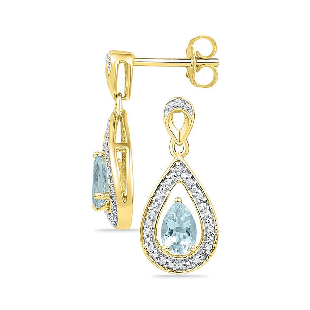 10k Yellow Gold Pear Created Aquamarine Dangle Earrings 5/8 Cttw