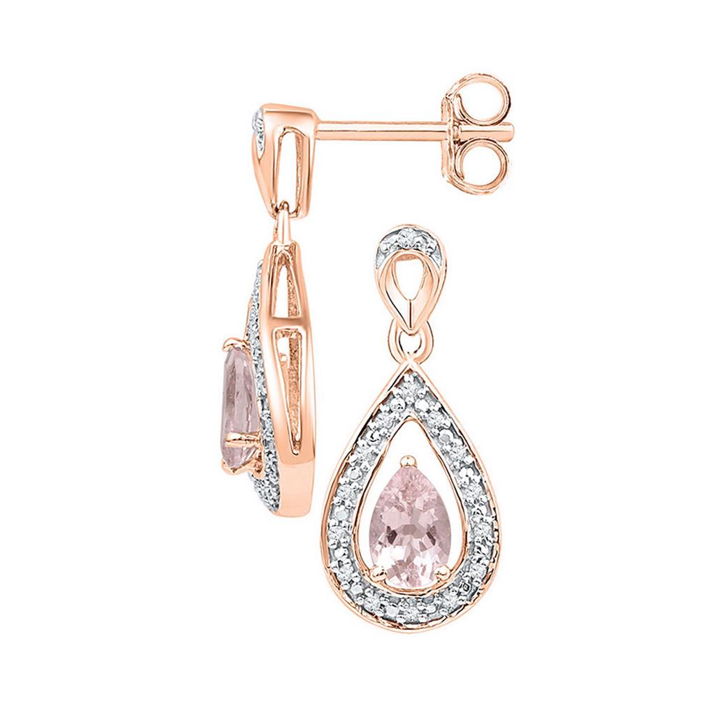 10k Rose Gold Pear Created Morganite Diamond Dangle Earrings 1/2 Cttw