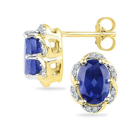 10k Yellow Gold Oval Created Blue Sapphire Solitaire Diamond Earrings 2-1/2 Cttw