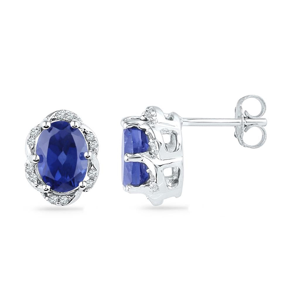 14k White Gold Oval Created Blue Sapphire Solitaire Diamond Earrings 2-1/2 Cttw