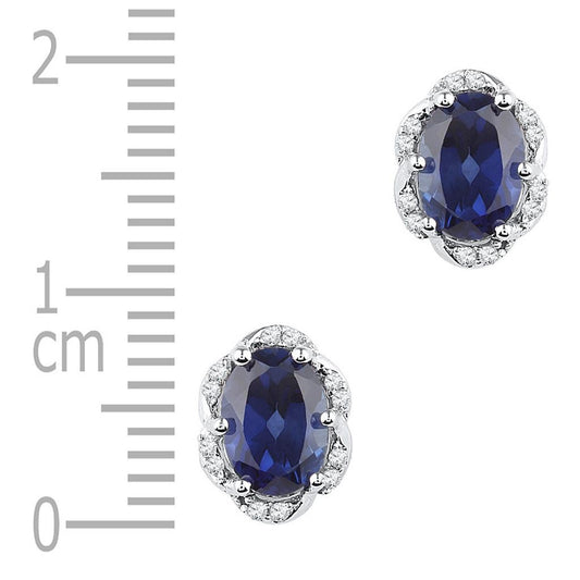 14k White Gold Oval Created Blue Sapphire Solitaire Diamond Earrings 2-1/2 Cttw