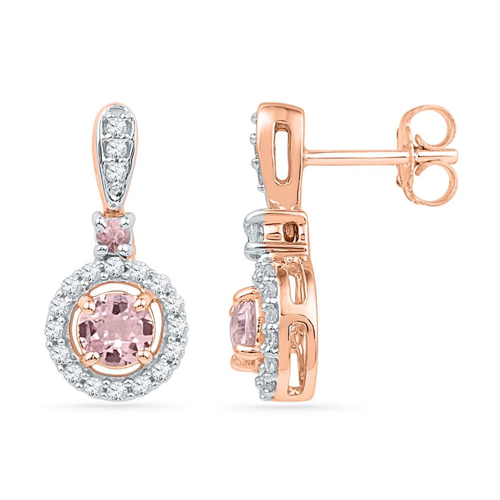 10k Rose Gold Round Morganite Diamond Circle Dangle Earrings 1 Cttw