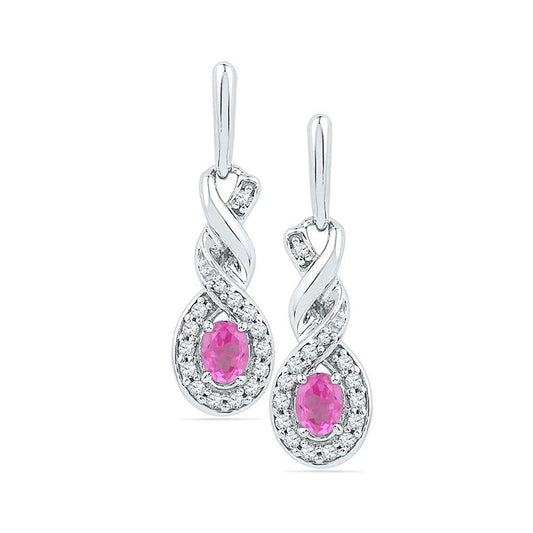 14k White Gold Oval Created Pink Sapphire Twist Dangle Earrings 5/8 Cttw