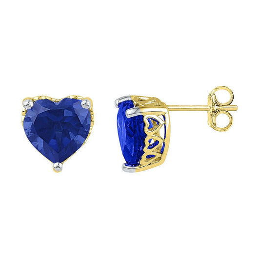 10k Yellow Gold Created Blue Sapphire Heart Stud Earrings 7 Cttw