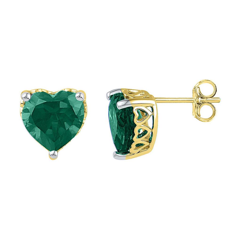 10kt Yellow Gold Heart Lab-Created Emerald Heart Stud Earrings 5-1/2 Cttw