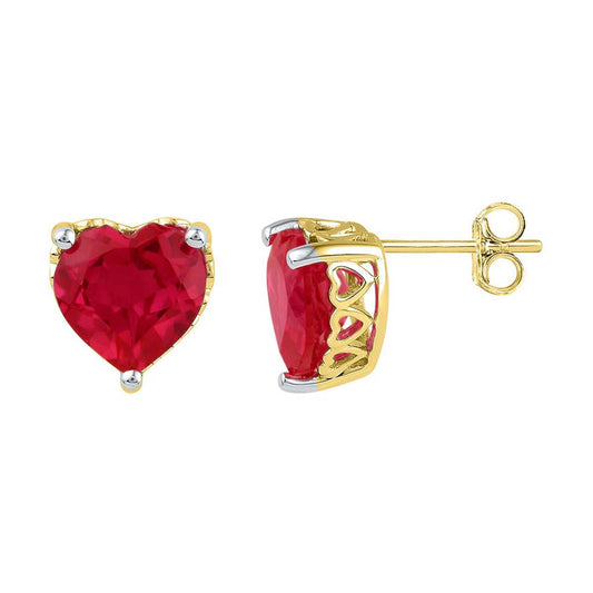 10k Yellow Gold Heart Created Ruby Heart Stud Earrings 7 Cttw