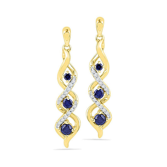 10k Yellow Gold Created Blue Sapphire Cascade Dangle Earrings 1/2 Cttw