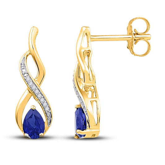 10k Yellow Gold Pear Created Blue Sapphire Diamond Earrings 1 Cttw