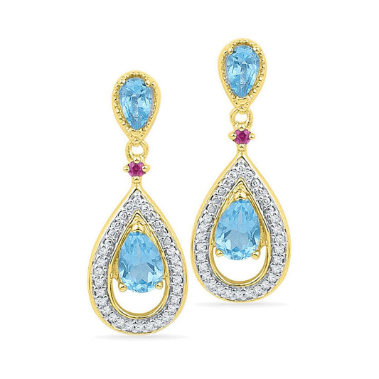 10k Yellow Gold Oval Created Blue Topaz Diamond Dangle Earrings 1-5/8 Cttw