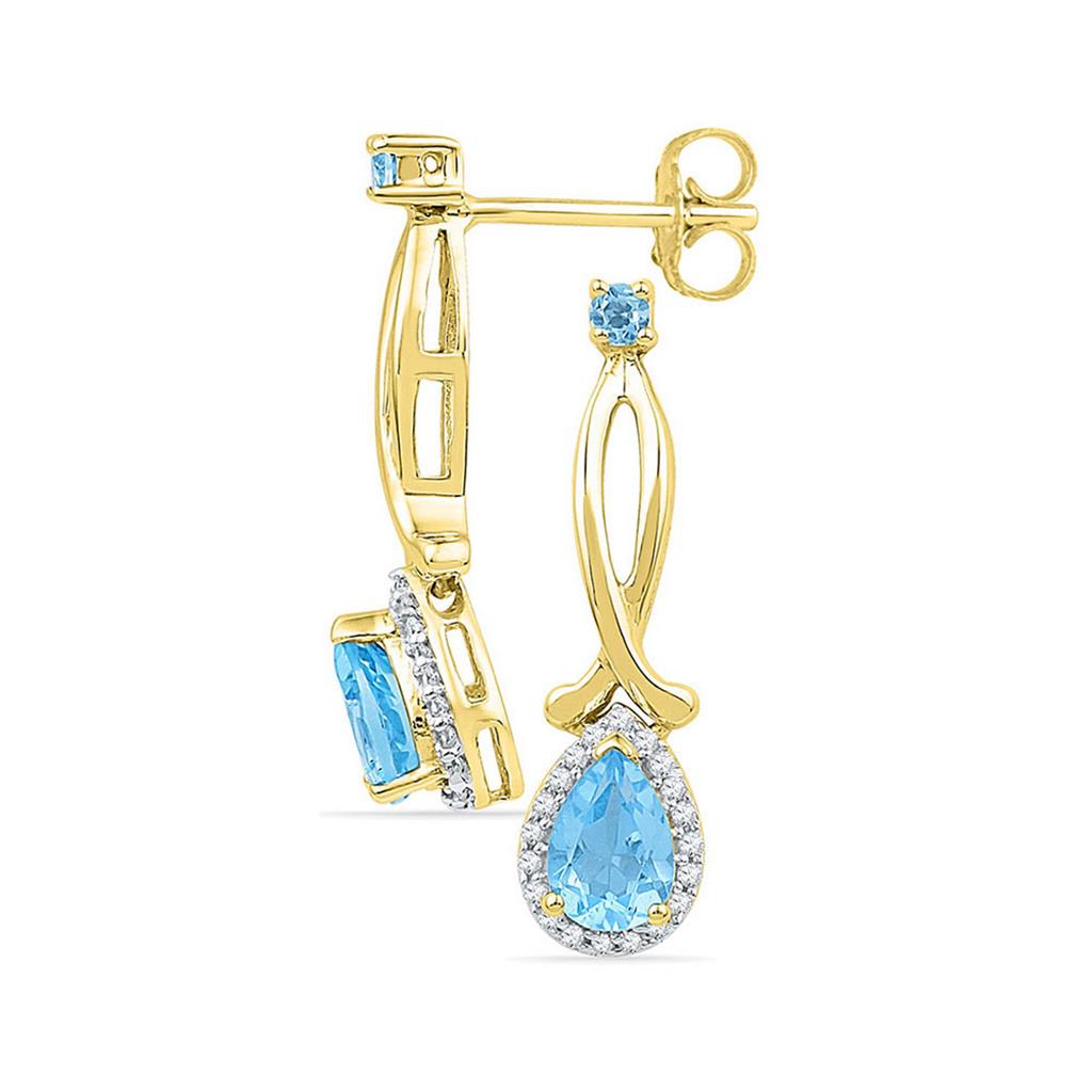 10k Yellow Gold Pear Created Blue Topaz Dangle Earrings 1 Cttw