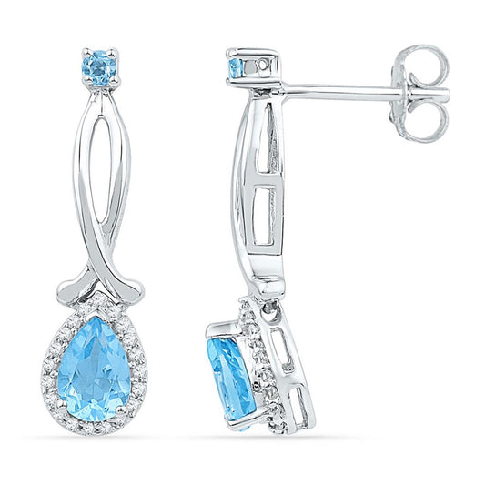 14k White Gold Pear Created Blue Topaz Diamond Dangle Earrings 1 Cttw