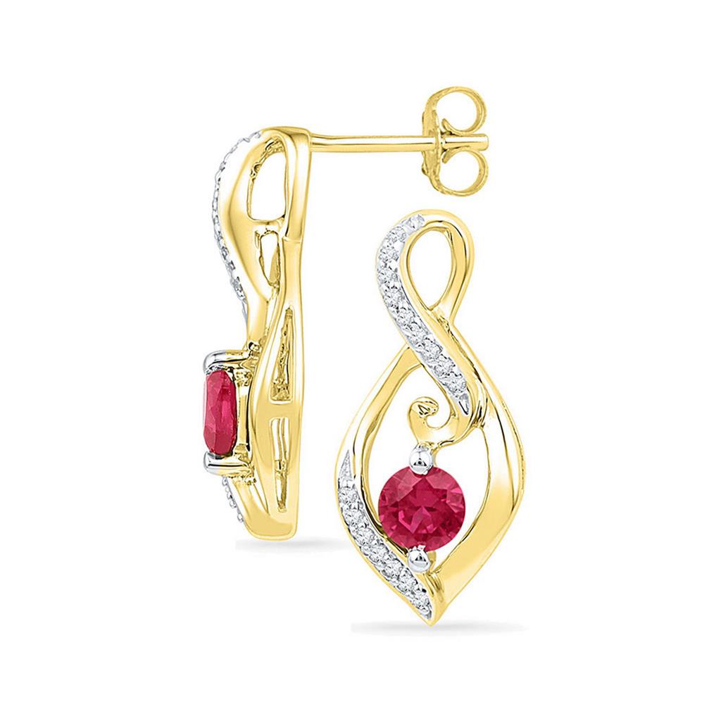 10k Yellow Gold Round Created Ruby Solitaire Oval Diamond Earrings 1 Cttw