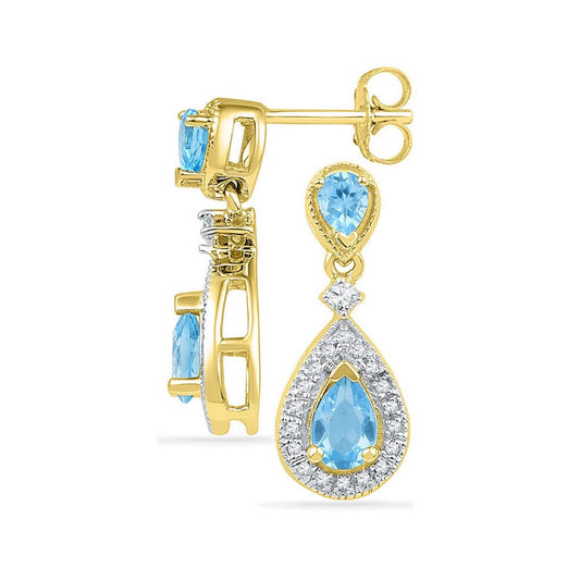 10k Yellow Gold Pear Created Blue Topaz Dangle Diamond Earrings 1-1/2 Cttw