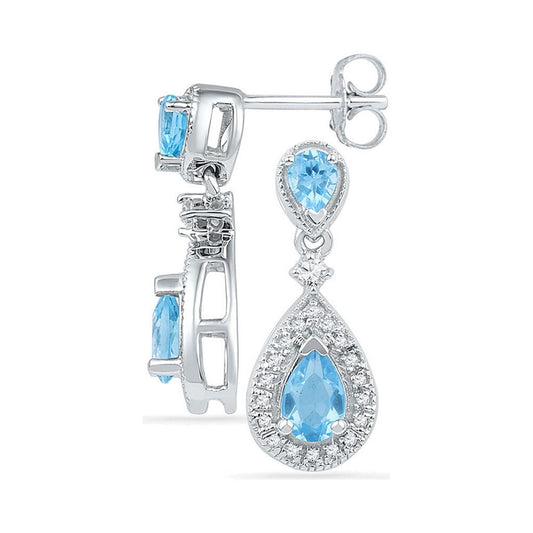 14k White Gold Pear Created Blue Topaz Dangle Diamond Earrings 1-1/2 Cttw