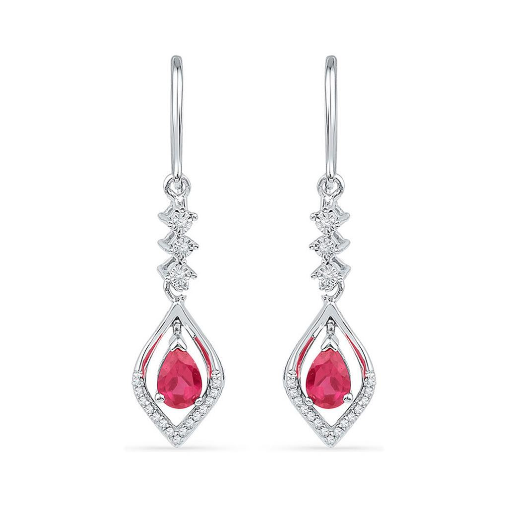 14k White Gold Pear Created Ruby Diamond Dangle Earrings 1/8 Cttw