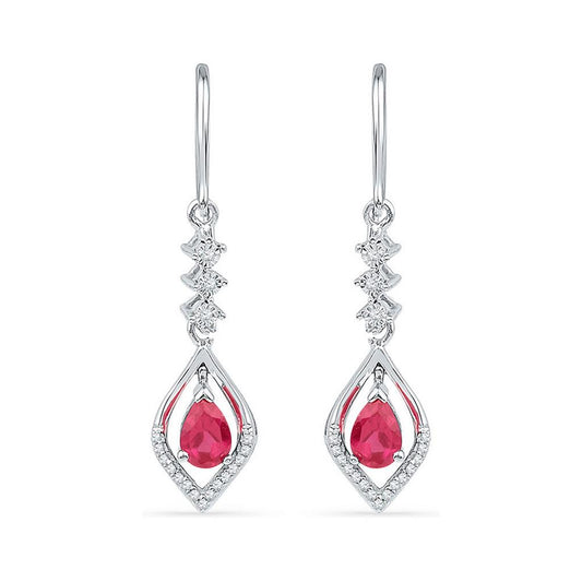 14k White Gold Pear Created Ruby Diamond Dangle Earrings 1/8 Cttw