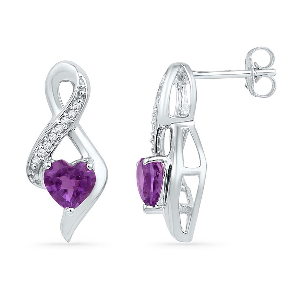 14k White Gold Heart Amethyst Diamond Fashion Earrings 1/20 Cttw