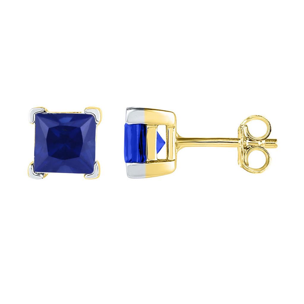 10k Yellow Gold Princess Created Blue Sapphire Solitaire Earrings 2 Cttw