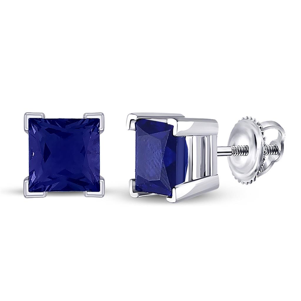 14k White Gold Princess Created Blue Sapphire Solitaire Stud Earrings 2 Cttw