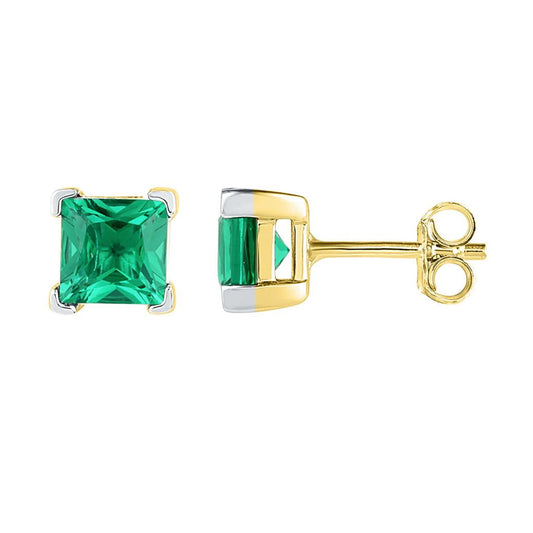 10k Yellow Gold Princess Created Emerald Solitaire Earrings 2 Cttw