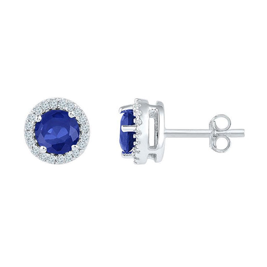 14k White Gold Round Created Blue Sapphire Diamond Stud Earrings 1-1/2 Cttw