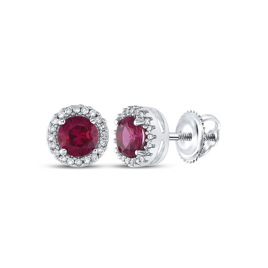 14k White Gold Round Created Ruby Diamond Stud Earrings 1-1/3 Cttw