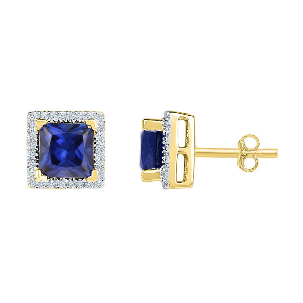 10k Yellow Gold Princess Created Blue Sapphire Stud Earrings 2 Cttw