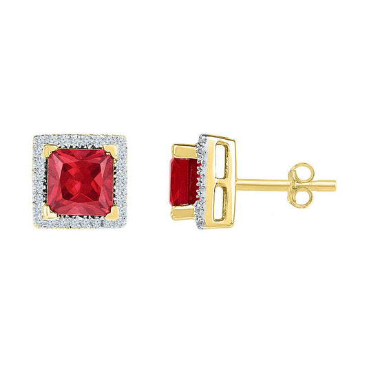 10k Yellow Gold Princess Created Ruby Stud Earrings 2 Cttw