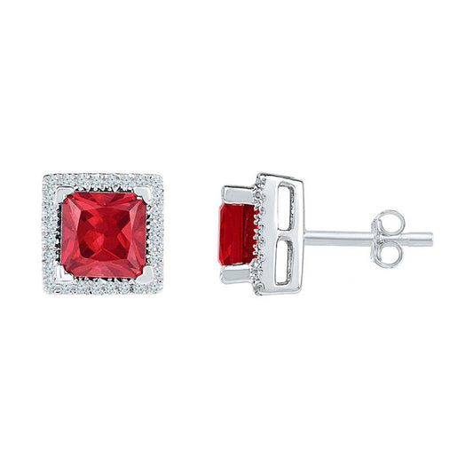 14k White Gold Princess Created Ruby Stud Earrings 2 Cttw