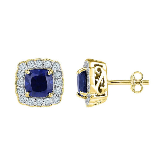 10k Yellow Gold Cushion Created Blue Sapphire Stud Earrings 3-1/3 Cttw