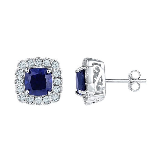 14k White Gold Cushion Created Blue Sapphire Stud Earrings 3-1/3 Cttw