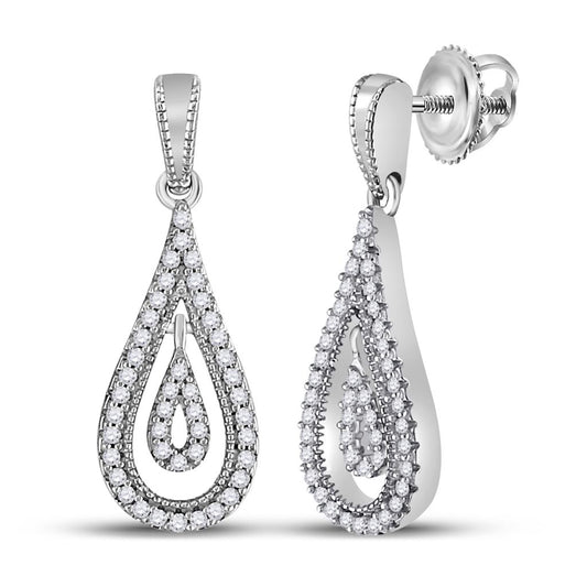 14k White Gold Round Diamond Teardrop Dangle Earrings 1/4 Cttw