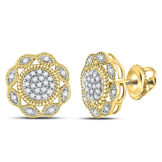 10kt Yellow Gold Round Diamond Milgrain Cable Cluster Earrings 1/6 Cttw