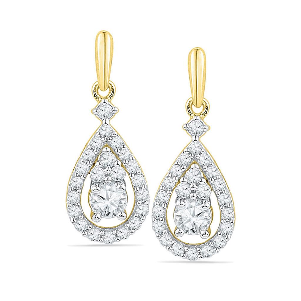 10k Yellow Gold Round Diamond Solitaire Teardrop Frame Dangle Earrings 1/2 Cttw