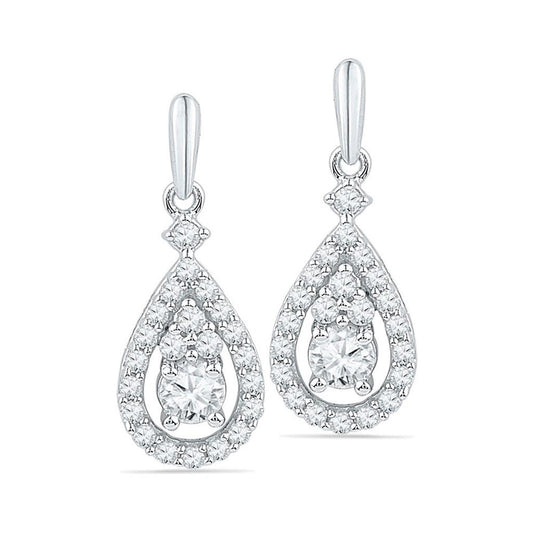 14k White Gold Round Diamond Solitaire Teardrop Frame Dangle Earrings 1/2 Cttw