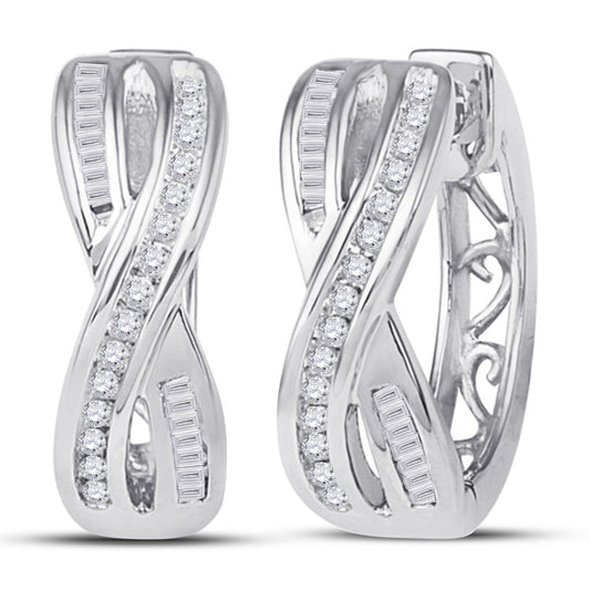 14k White Gold Round Diamond Two Row Crossover Hoop Earrings 1/4 Cttw