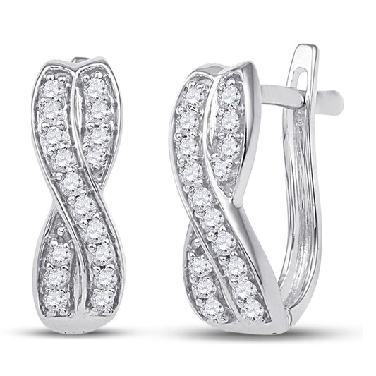 14k White Gold Round Diamond Double Row Crossover Hoop Earrings 1/5 Cttw