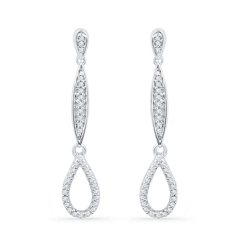 14k White Gold Round Diamond Slender Teardrop Dangle Earrings 1/5 Cttw