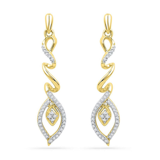 10k Yellow Gold Round Diamond Abstract Leaf Dangle Earrings 1/4 Cttw