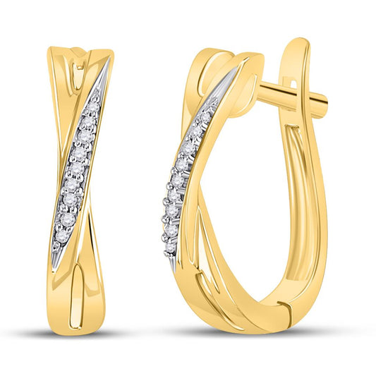 10k Yellow Gold Round Diamond Slender Crossover Hoop Earrings 1/20 Cttw