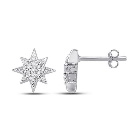 14k White Gold Round Diamond Starburst Cluster Earrings 1/10 Cttw