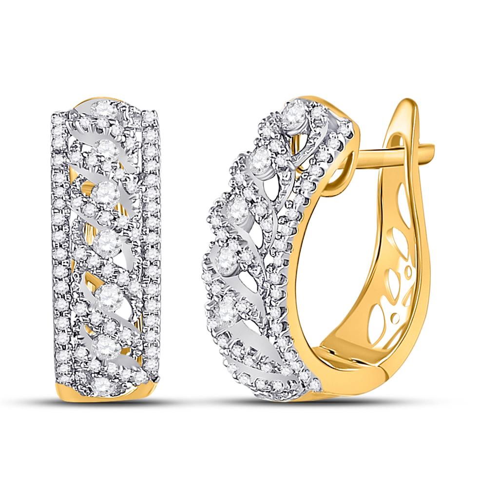 10k Yellow Gold Round Diamond Crisscrossed Openwork Hoop Earrings 3/4 Cttw