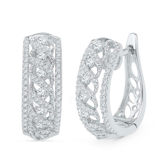 14k White Gold Round Diamond Crisscrossed Openwork Hoop Earrings 3/4 Cttw